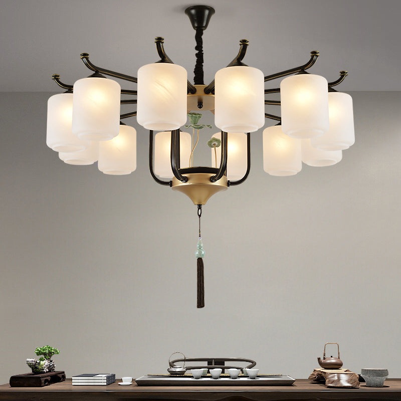 Traditional Chinese Cylinder Shade Tassel Iron Glass 6/8/10/12/18-Light Chandeliers For Dining Room