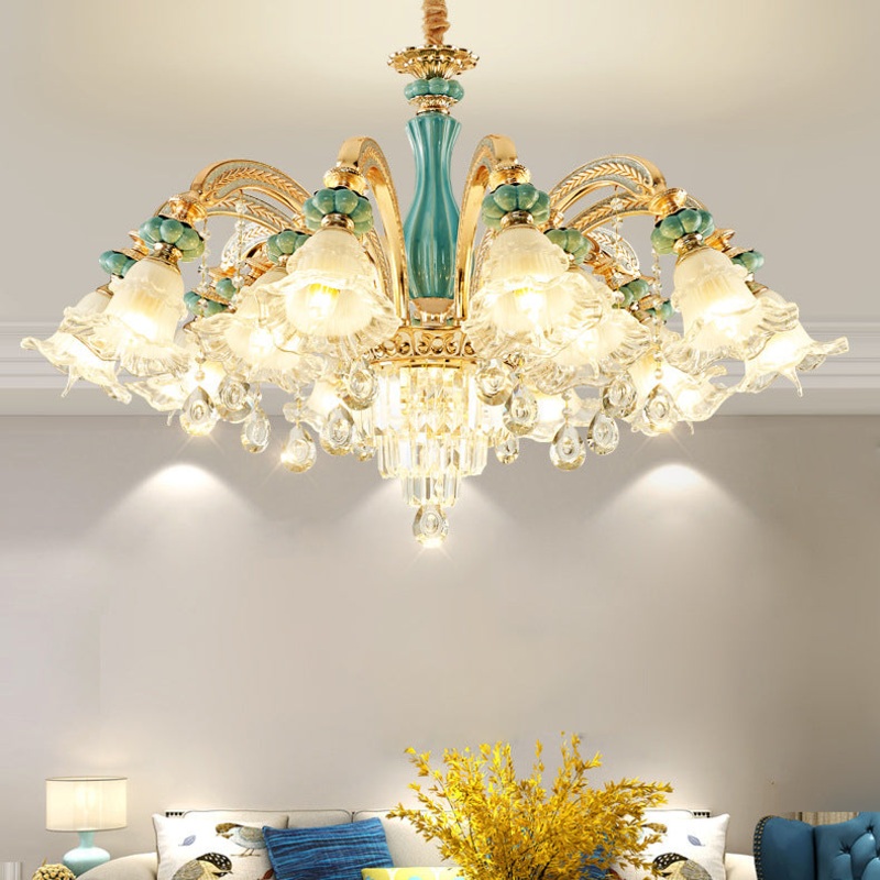 Traditional European Zinc Alloy Glass Ceramic Crystal Floral 3/6/8/10/12/15 Light Chandeliers For Living Room