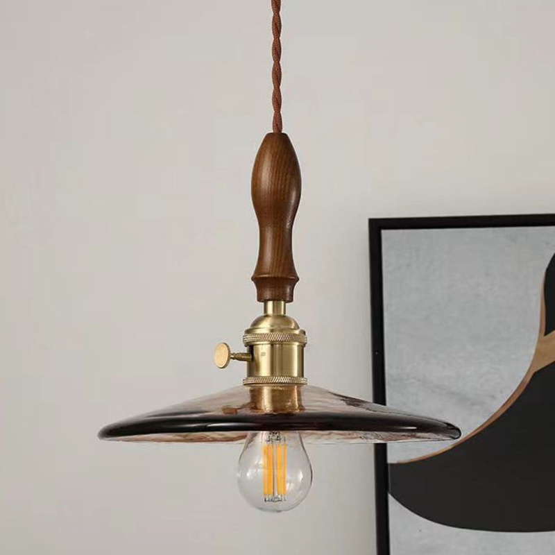 Traditional Vintage Round Wood Brass Glass Shade 1-Light Pendant Light For Living Room