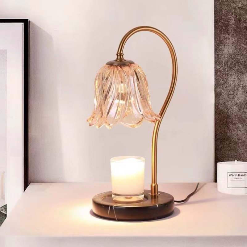 Contemporary Scandinavian Bellflower Disc Base Marble Iron Glass 1-Light Melting Wax Table Lamp For Bedroom