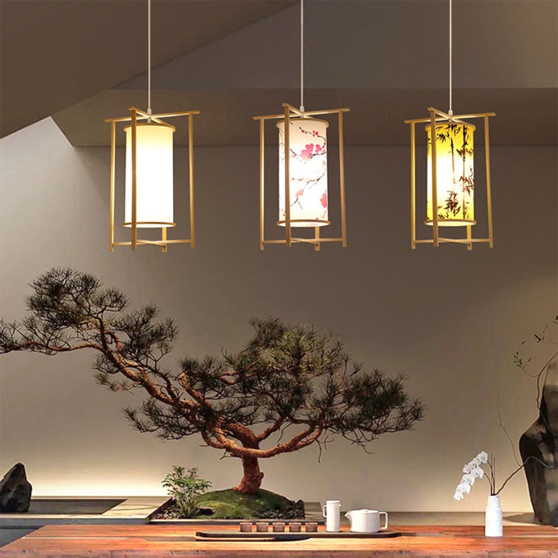Traditional Chinese Bamboo PVC Iron Cylinder Lantern Flower Bird 1-Light Pendant Light For Dining Room
