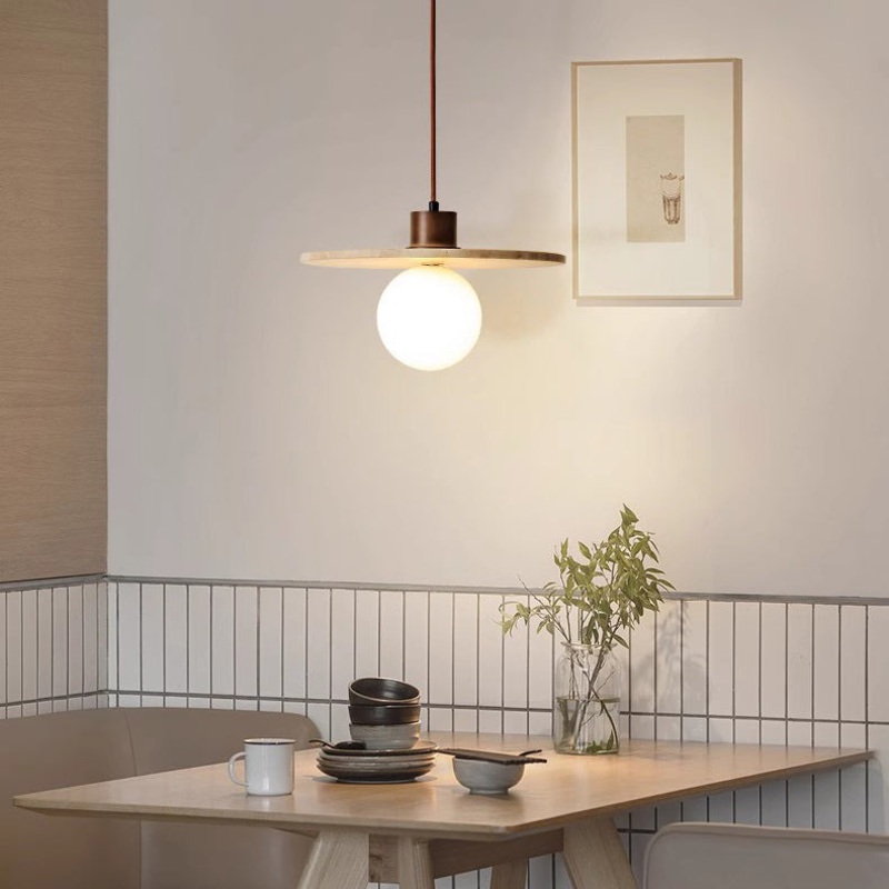 Traditional Japanese Disc Round Cylinder Yellow Travertine Solid Wood 1-Light Pendant Light For Living Room