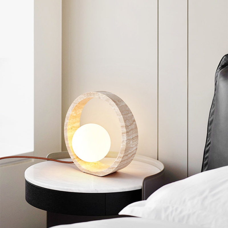 Traditional Vintage Circle Travertine 1-Light Table Lamp For Bedroom