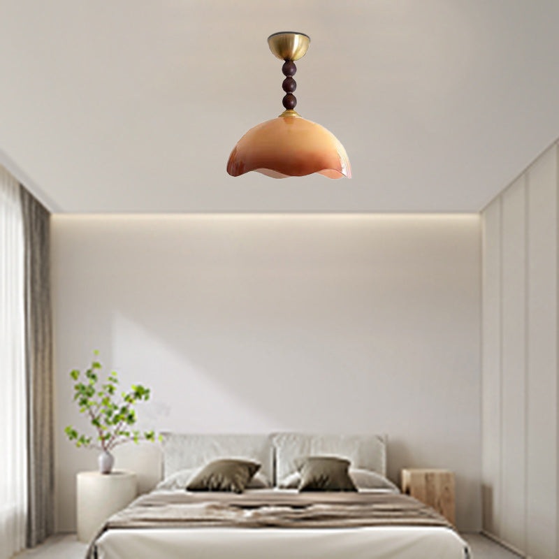 Traditional Vintage Dome Iron Wood Glass 1-Light Semi-Flush Mount Ceiling Light For Living Room