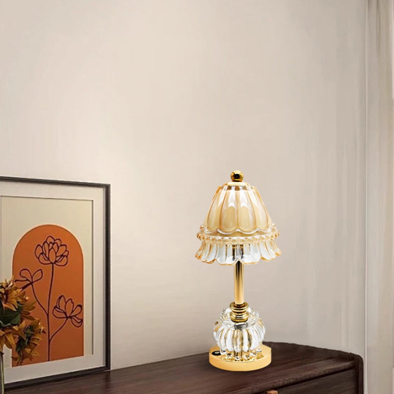 Traditional Vintage Flower Disc Base Rechargeable Iron Glass LED Table Lamp For Bedroom
