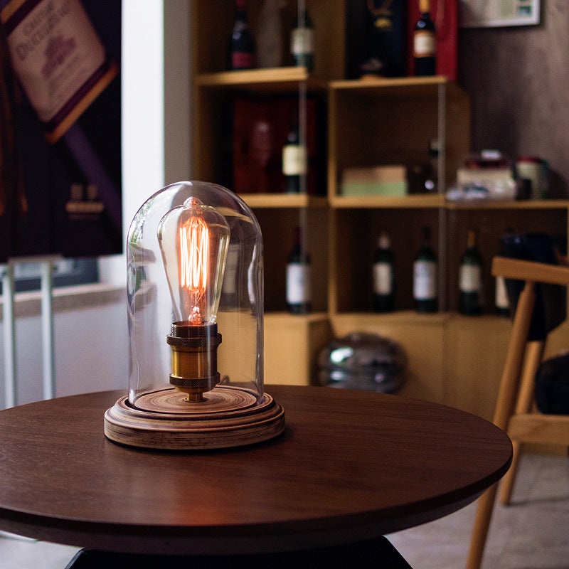 Traditional Vintage Oval Cylinder Round Wood Glass 1-Light Table Lamp For Bedroom