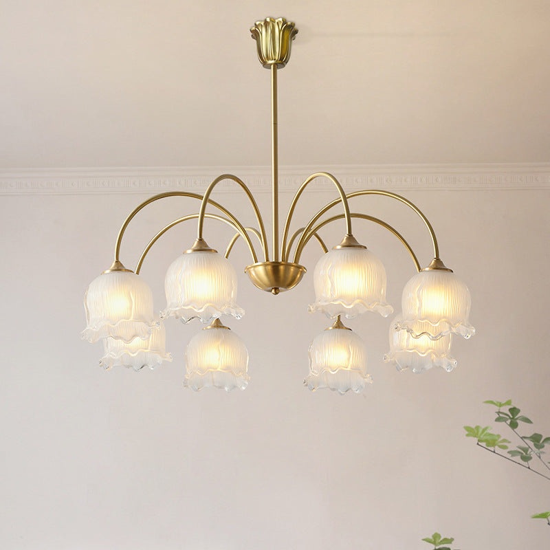 Traditional Vintage Round Floral Curved Branch Glass Brass 3/5/8 Light Chandelier For Living Room