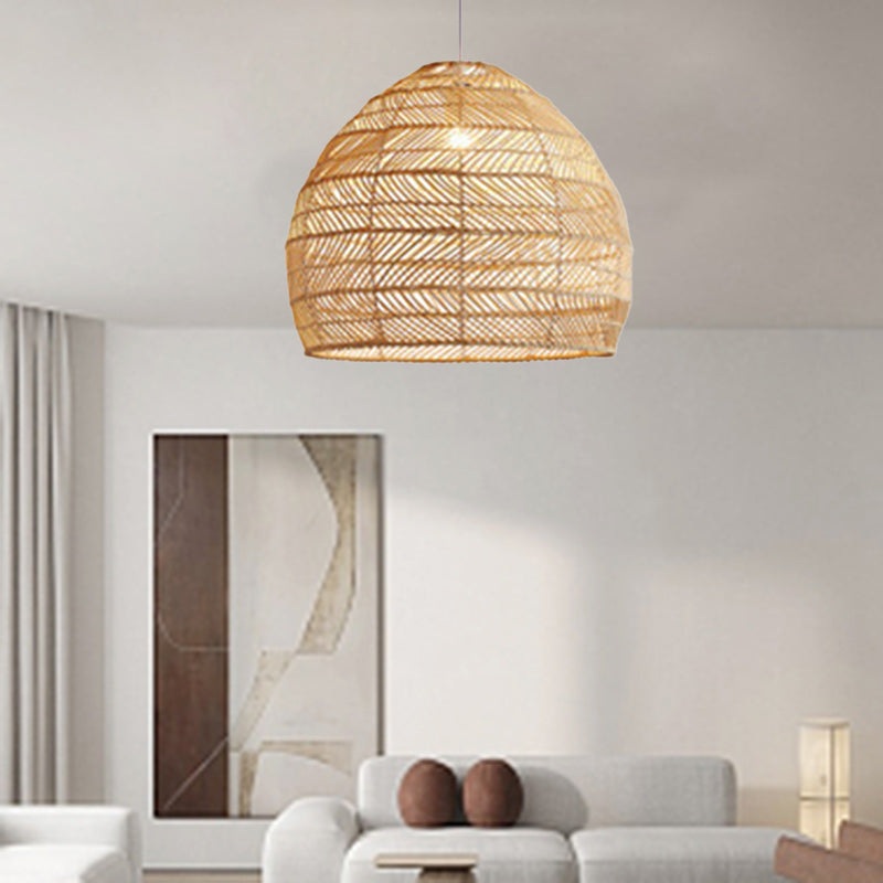 Contemporary Boho Wood Grain Hollow Basket Rattan 1 - Light Pendant Light For Dining Room