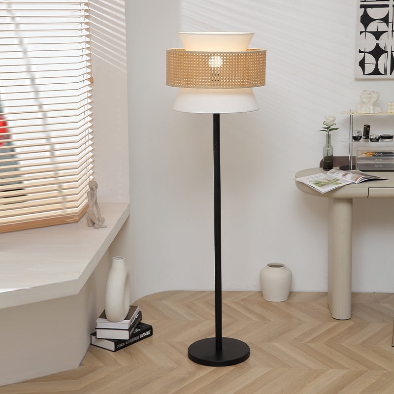 Contemporary Nordic Multi-Round Fabric Rattan Cane Webbing Iron 1- Light Standing Floor Lamp For Living Room