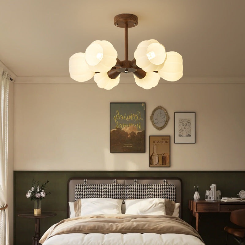 Contemporary Retro Dome Glass Pumpkin Lampshade Wood 4/6 - Light Chandeliers For Living Room