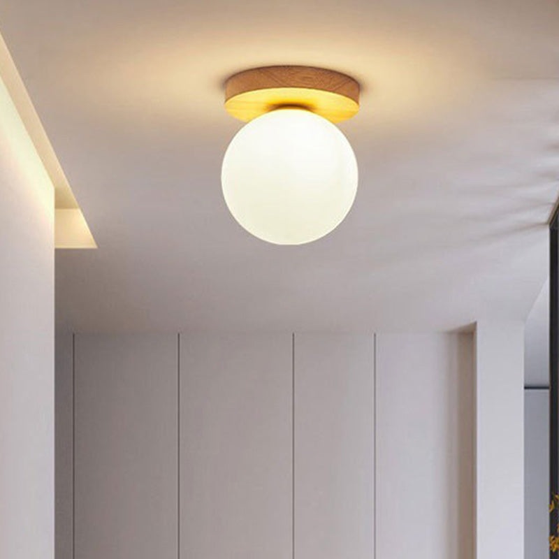 Modern Minimalist Globe Wood Glass 1-Light Semi-Flush Mount Ceiling Light For Living Room