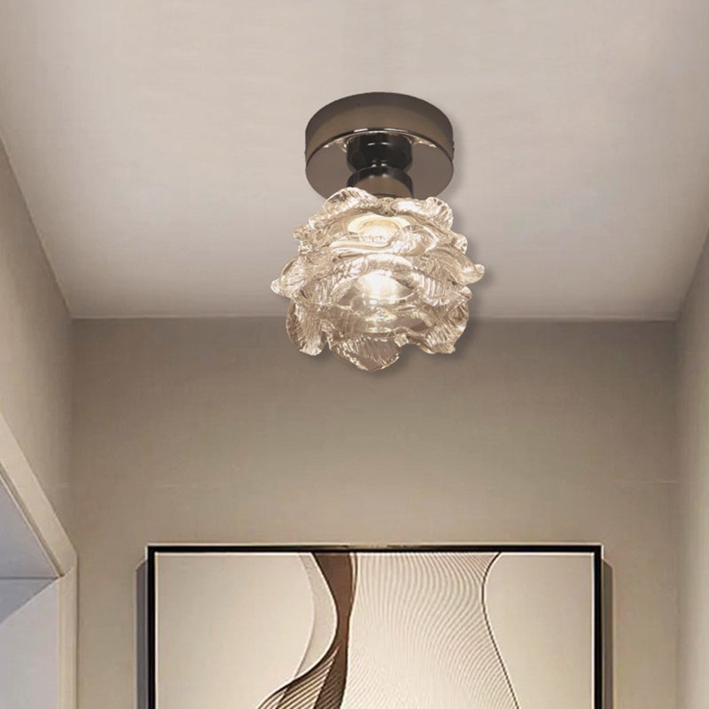 Modern Minimalist Rose Iron Glass Shade 1-Light Semi-Flush Mount Ceiling Light For Living Room