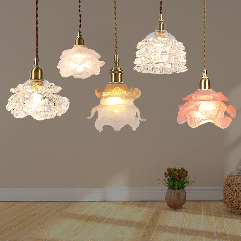 Traditional French Copper Glass Floral Rose Petal 1-Light Pendant Light For Dining Room