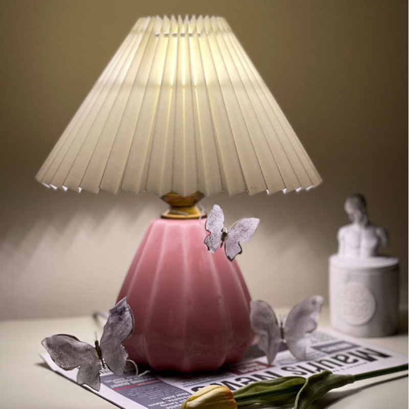 Traditional Vintage Round Cone Pleated Fabric Ceramic 1-Light Table Lamp For Bedroom