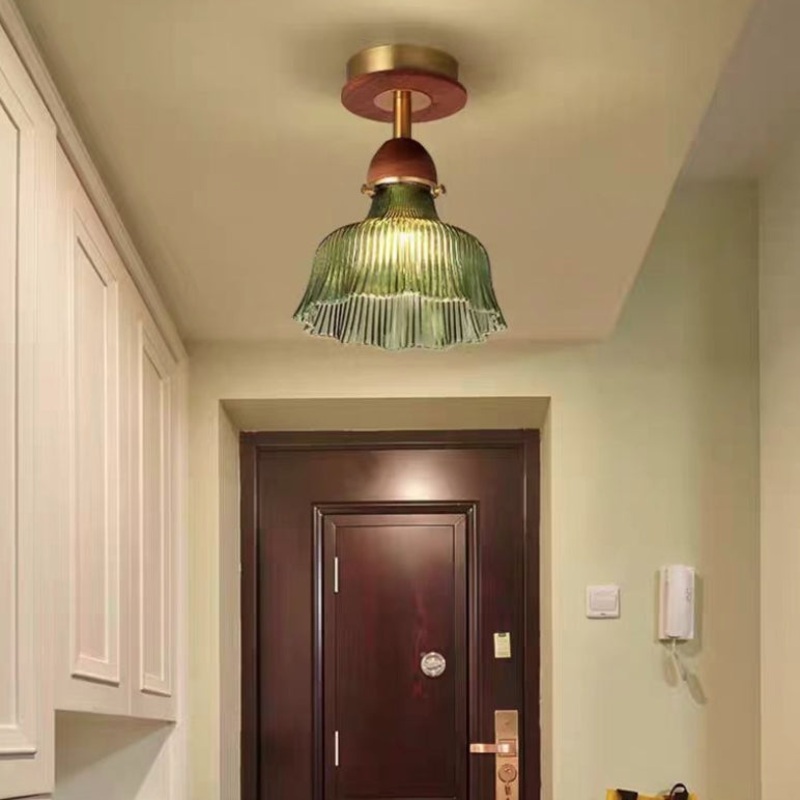 Traditional Vintage Solid Wood Vertical Grained Glass Round 1-Light Semi-Flush Mount Ceiling Light For Living Room