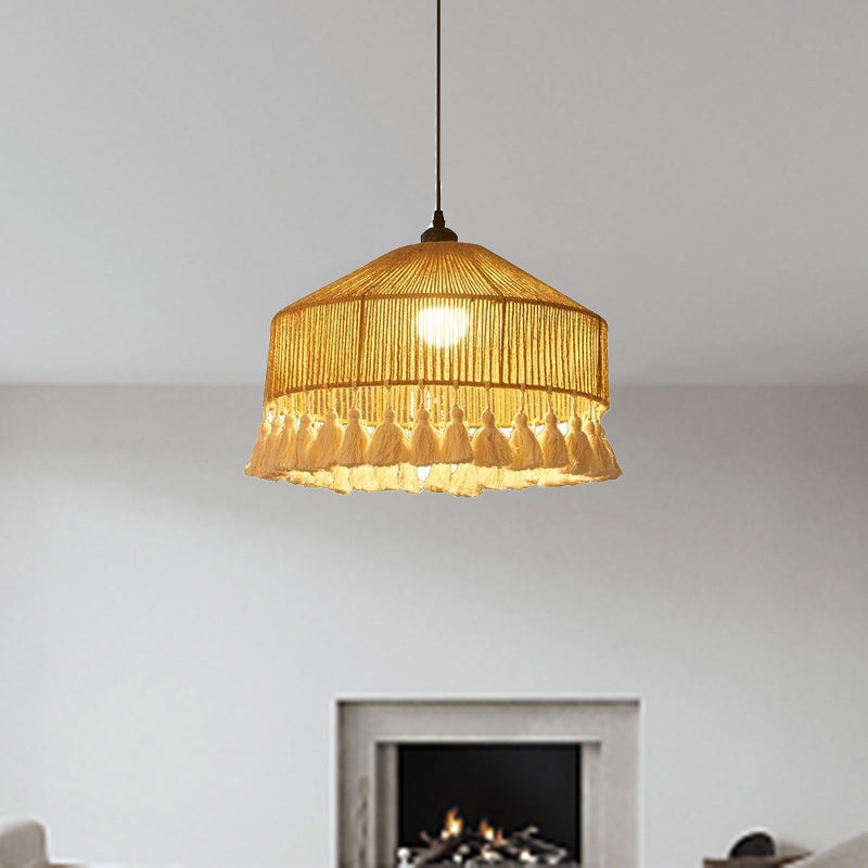 Contemporary Boho Iron Hemp Rope Braiding Tassel Hat Shape 1-Light Pendant Light For Living Room
