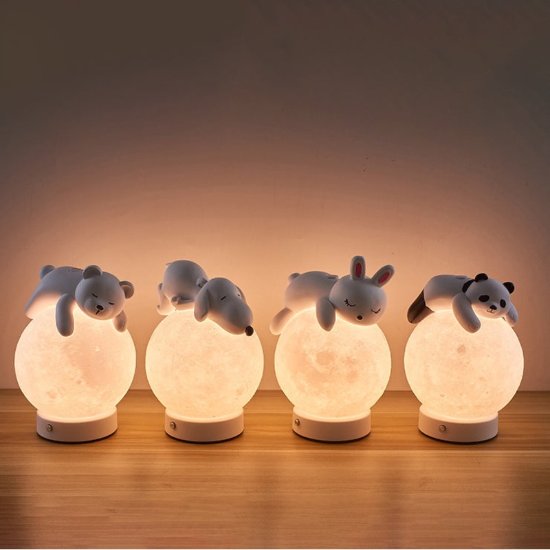 Contemporary Creative Rechargeable Iron Resin PLA Ball Moon Planet Bear Panda Rabbit LED Table Lamp Night Light For Bedside