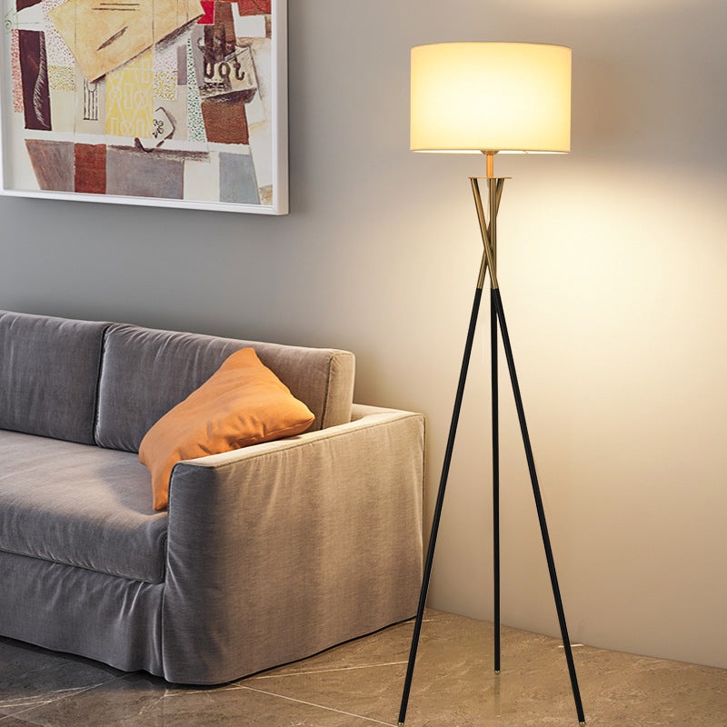 Contemporary Nordic Tripod Base Drum Shape Fabric Iron 1- Light Standing Floor Lamp For Living Room