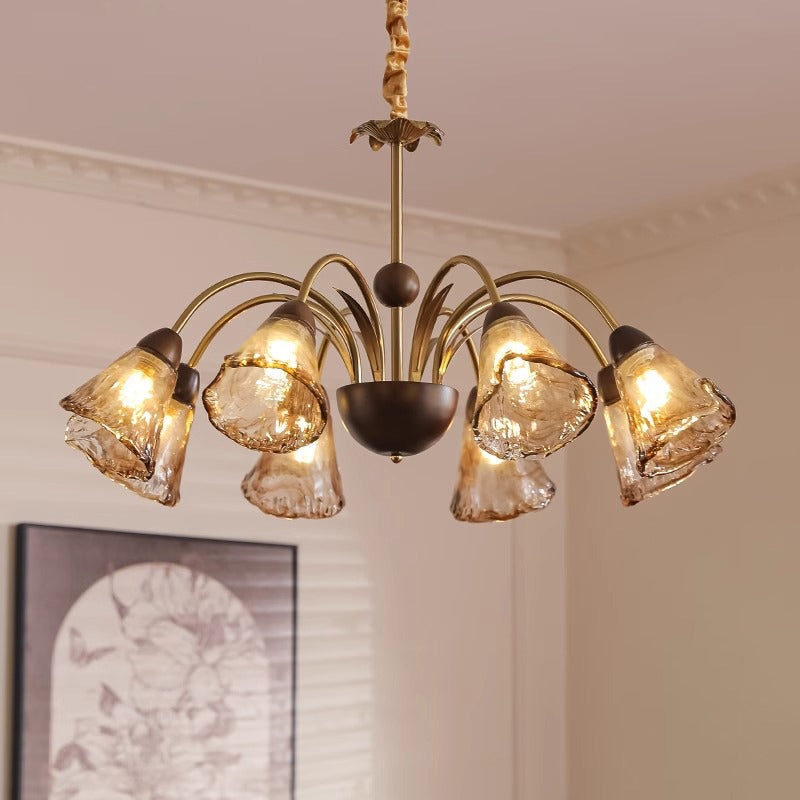 Contemporary Retro Curved Rod Cup Shape Glass Shade Wooden Iron Frame 5/8/10 Light Chandelier For Living Room