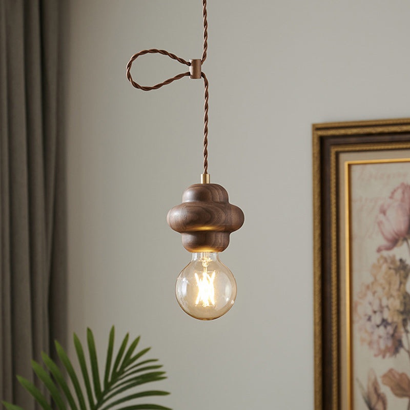 Contemporary Retro Dome Round Walnut Copper 1 - Light Pendant Light For Living Room