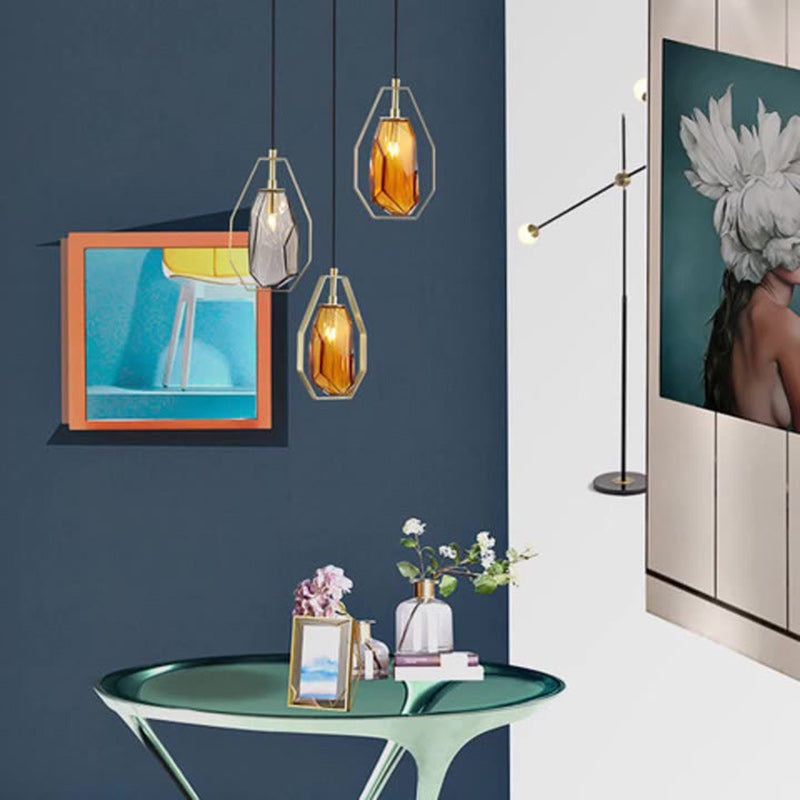 Contemporary Scandinavian Transparent Polygon Glass Iron Lampshade 1 - Light Pendant Light For Living Room