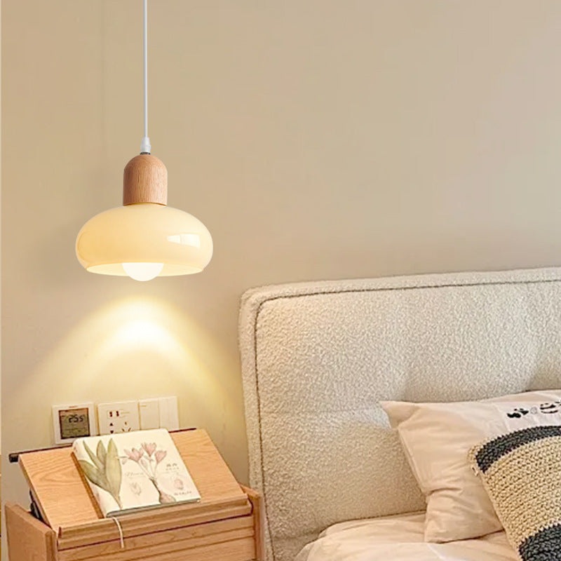 Modern Minimalist Oval Wood Dome Glass Shade 1-Light Pendant Light For Living Room