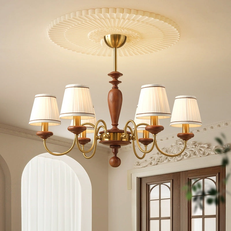 Traditional French Frustum Cone Ash Wood Fabric Metal 6-Light Chandelier For Living Room