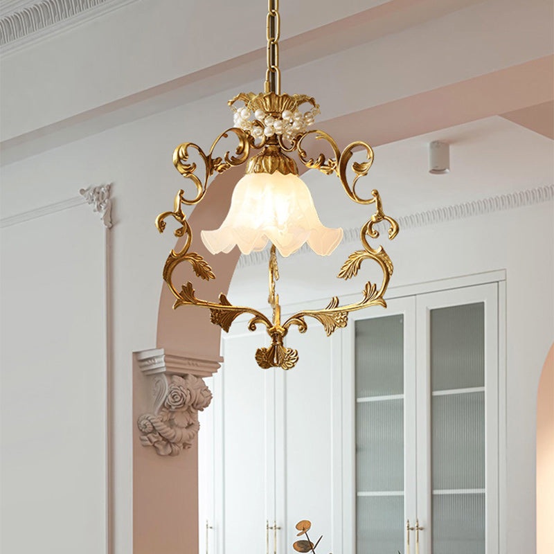 Traditional French Full Brass Pearl Morning Glory Glass Lampshade 1 - Light Pendant Light For Living Room