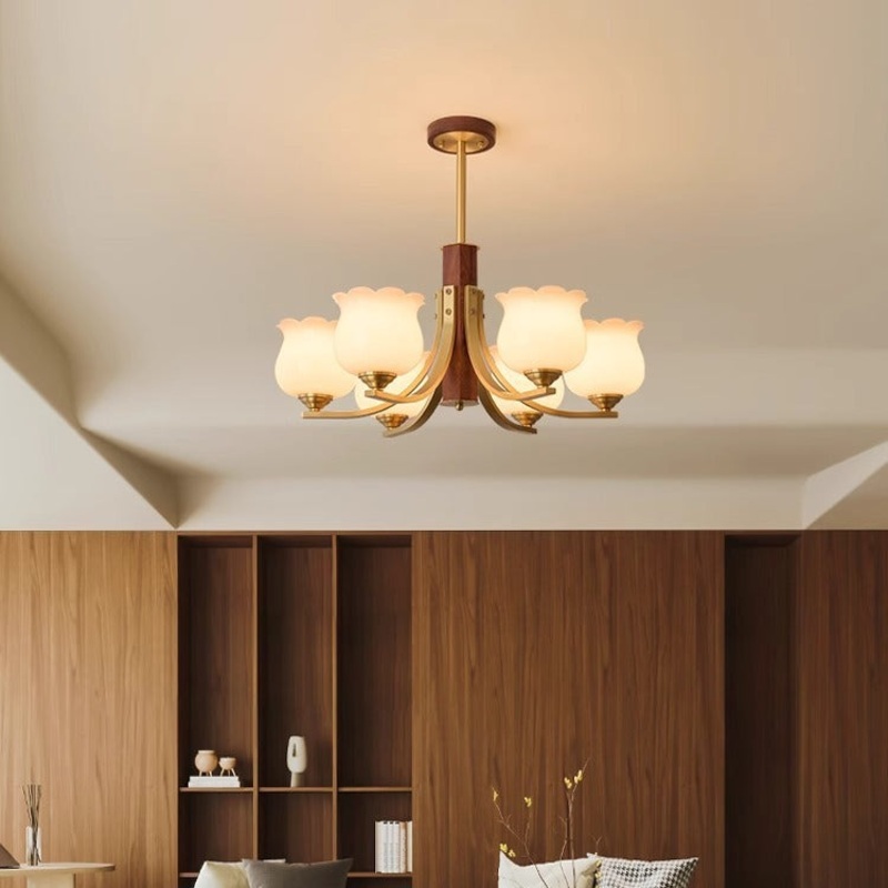 Traditional Japanese Dome Branch Curved Rod Flower Oval Copper Walnut Glass Lampshade 3/6 - Light Chandeliers For Living Room