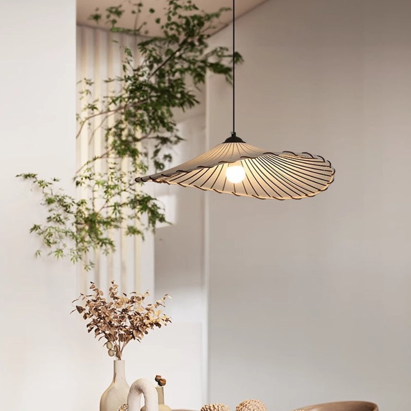 Traditional Japanese Hardware Lotus Leaf Fabric Shade 1-Light Pendant Light For Living Room