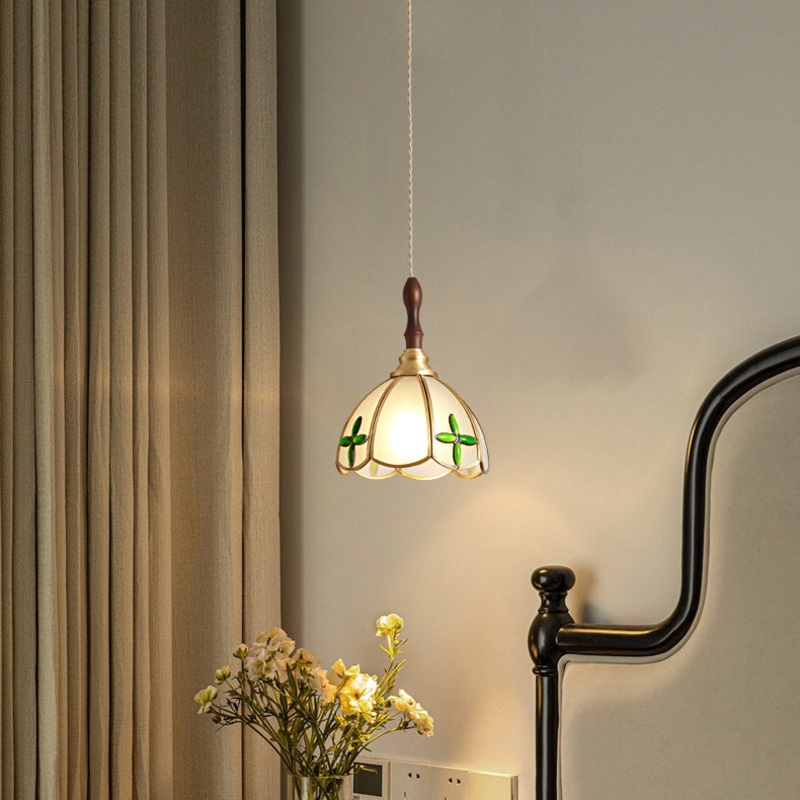 Traditional Tiffany Water Pattern Flower Small Beads Stained Glass Copper 1-Light Pendant Light For Bedroom