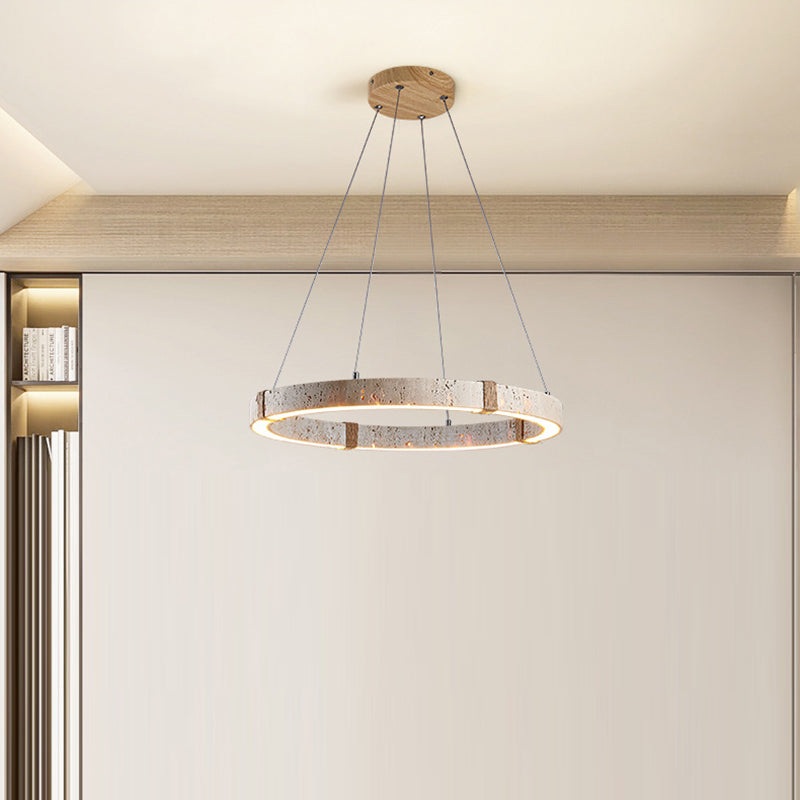 Traditional Vintage Circle Ring Travertine Hemp Rope LED Pendant Light For Living Room