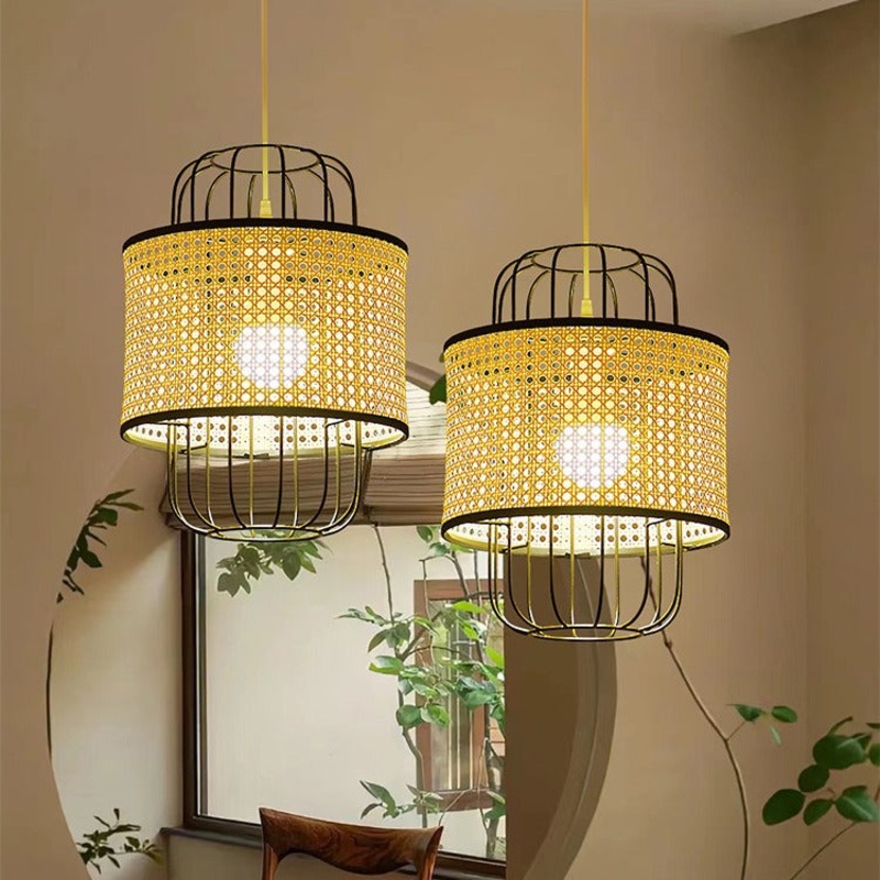 Contemporary Boho Cylinder Plastic Rattan Weaving Iron 1 - Light Pendant Light For Living Room