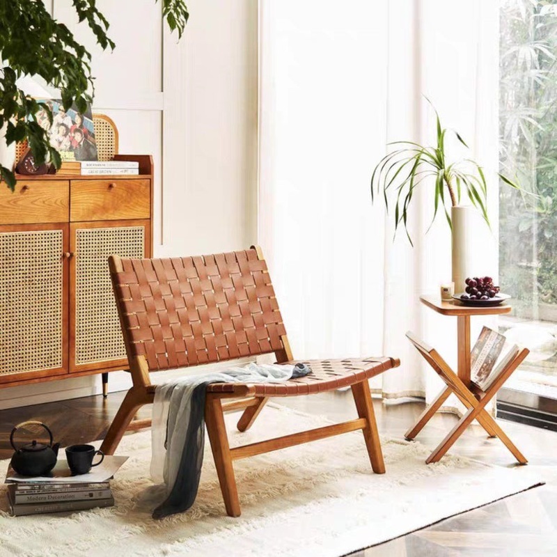 Contemporary Boho Leather Solid Wood Chair Backrest Armless For Living Room