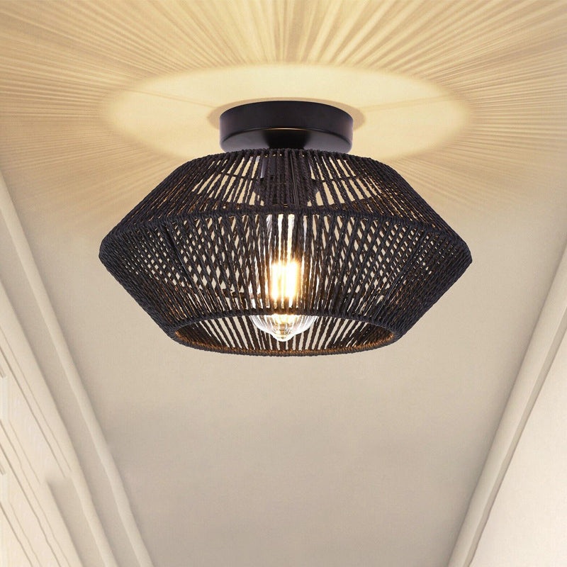 Contemporary Boho Round Rattan 1-Light Semi-Flush Mount Ceiling Light For Living Room