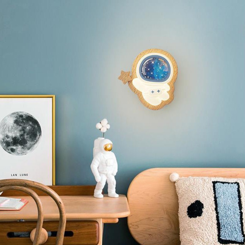 Contemporary Creative Astronaut Wood Base PE Shade LED Wall Sconce Lamp For Bedroom