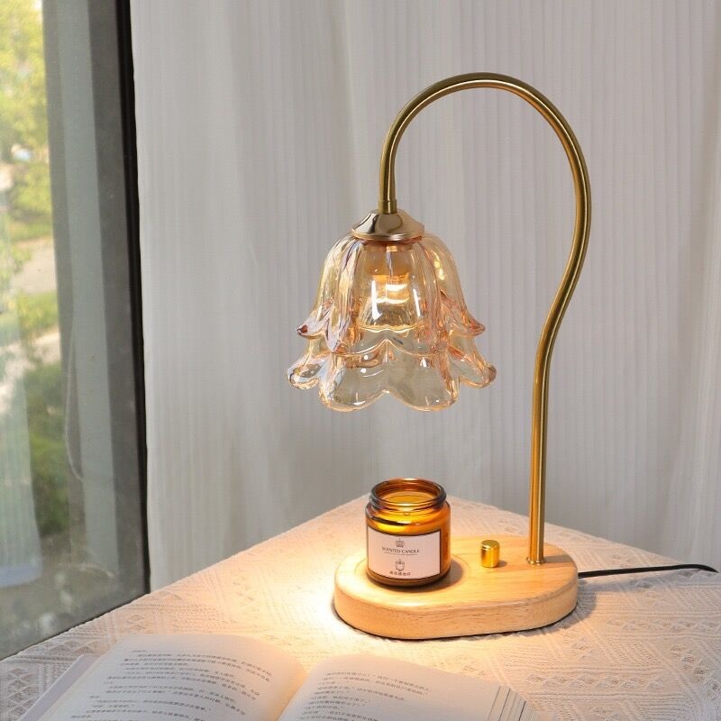 Contemporary Creative Bell Orchid Flower Solid Wood Base Hardware Frame Glass Shade 1-Light Aromatherapy Melting Wax Table Lamp For Bedroom