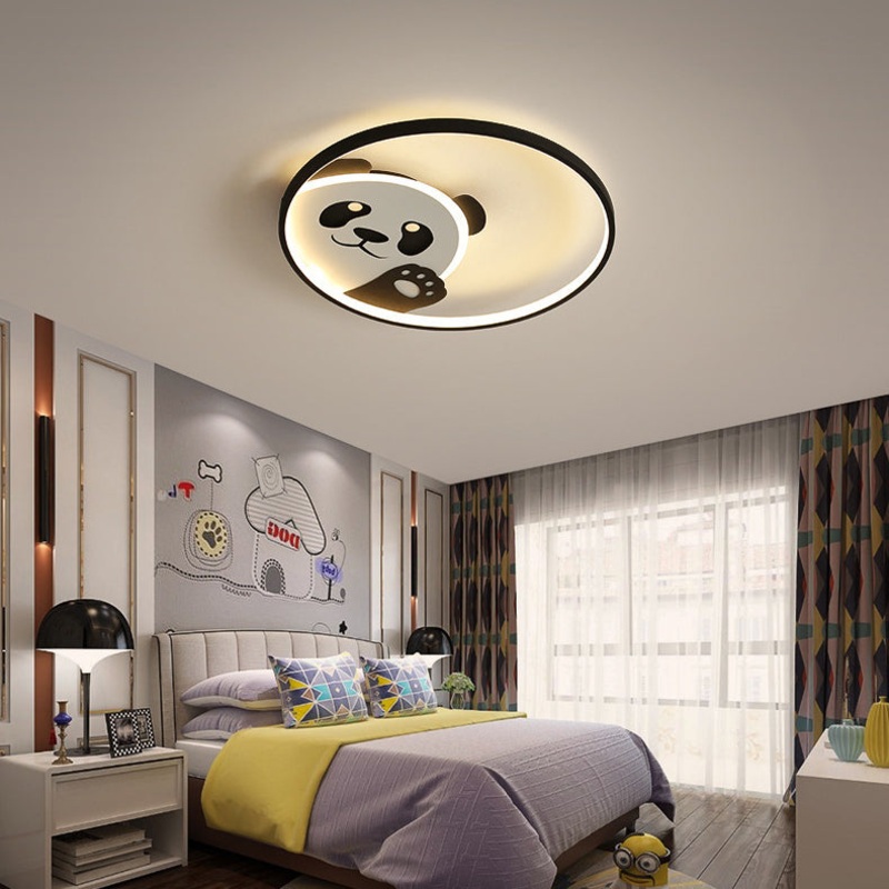 Contemporary Creative Kids Cartoon Panda Iron LED Flush Mount Ceiling Light For Bedroom