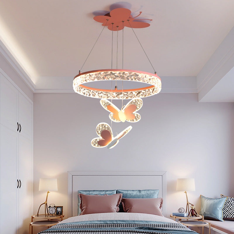 Contemporary Creative Kids Round Cartoon Butterfly Acrylic Iron LED Chandelier For Bedroom