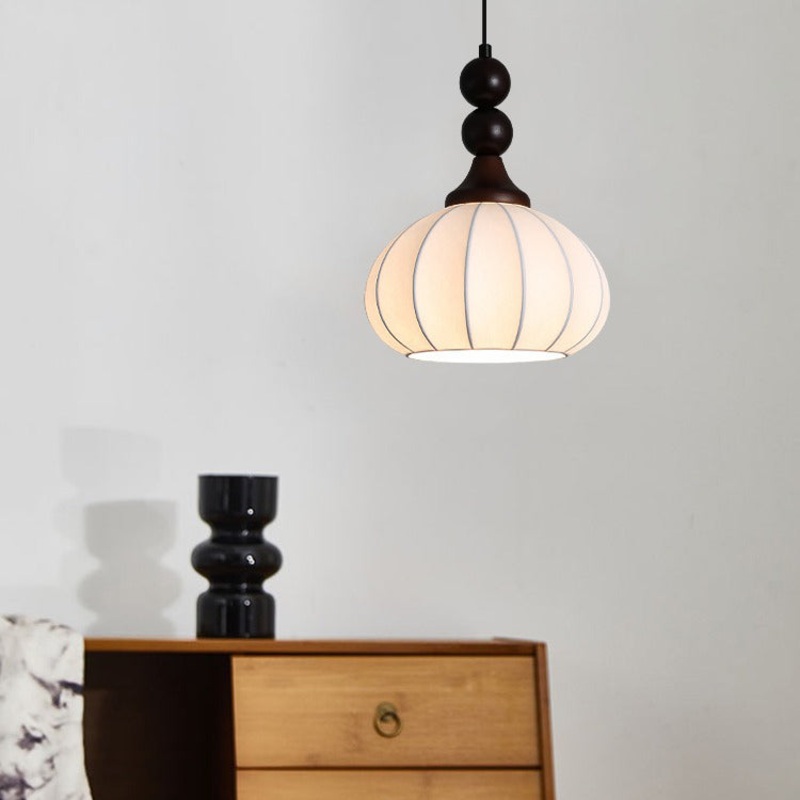 Contemporary Retro Liftable Oval Round Ball Iron Wood Imitation Silk 1-Light Pendant Light For Living Room
