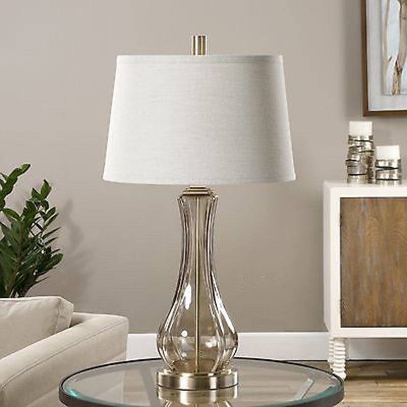 Contemporary Scandinavian Glass Base Fabric Lampshade 1 - Light Table Lamp For Living Room