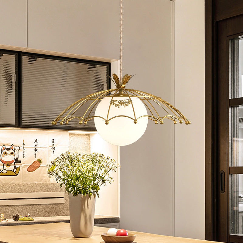 Contemporary Scandinavian Iron Mesh Hat Round Ball Glass Lampshade 1 - Light Chandelier For Living Room
