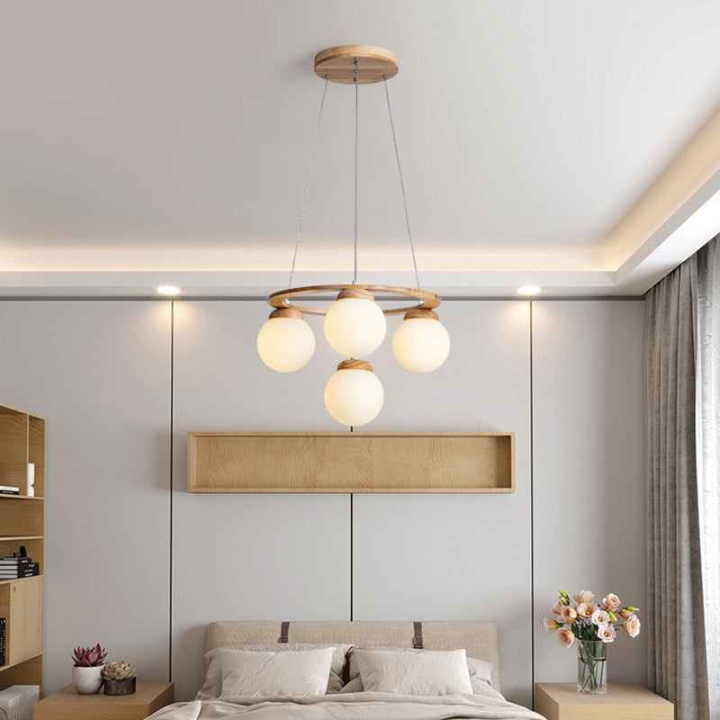 Contemporary Scandinavian Round Orb Rubber Wood Glass Lampshade 4/6/7 - Light Chandelier For Living Room
