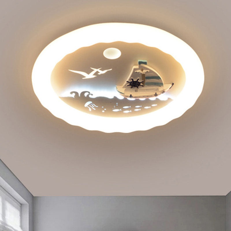 Modern Art Deco Kids Round Sailboat Seagull Acrylic Iron LED Mount Ceiling Light For Bedroom