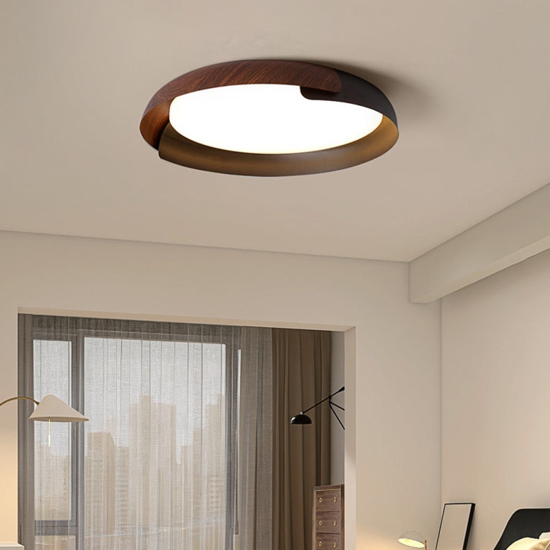Modern Minimalist Wood Art Round Iron Acrylic LED Flush Mount Ceiling Light For Bedroom