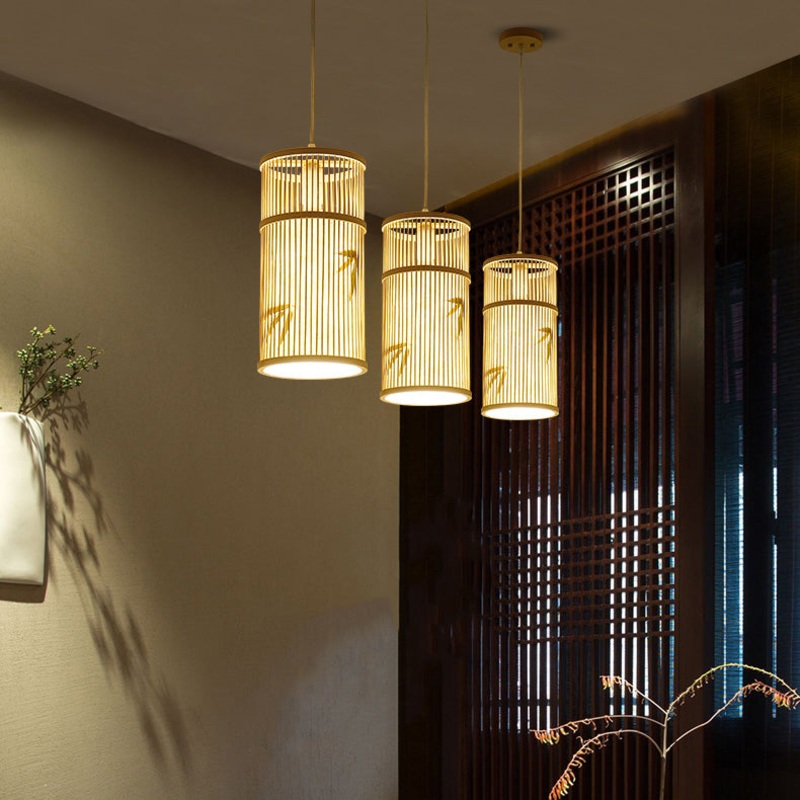 Traditional Chinese Cylinder Bamboo 1-Light Pendant Light For Living Room