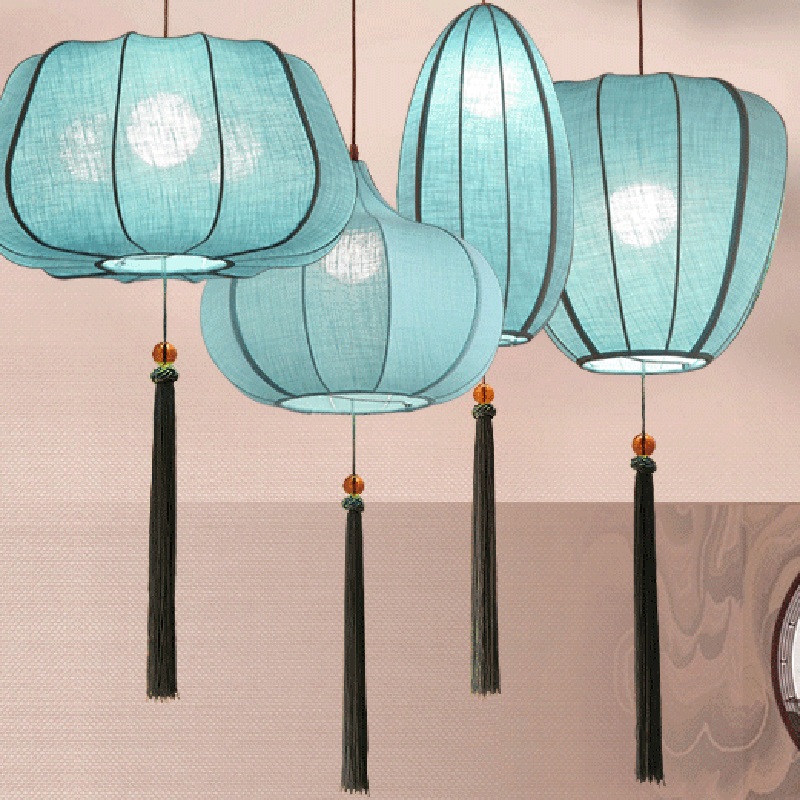Traditional Chinese Iron Fabric Elliptical Cylinder Lantern Tassel Shaped 1/3 Light Chandeliers For Dining Room