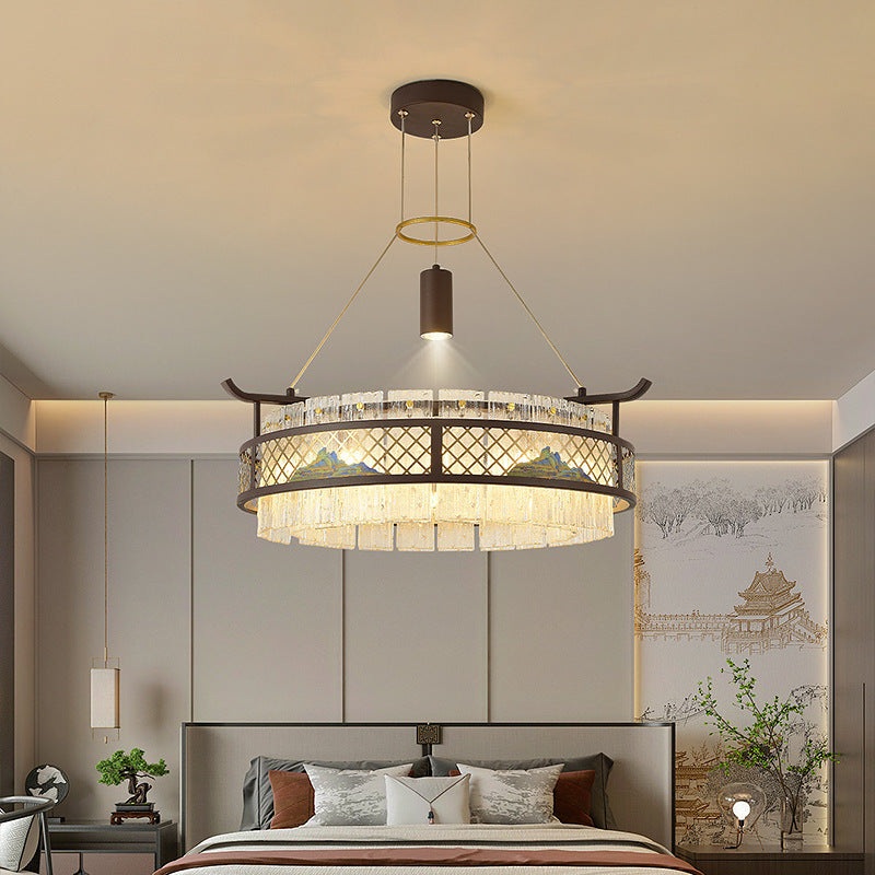 Traditional Chinese Round Stainless Steel Iron Acrylic Lampshade 12/16 - Light Chandelier For Living Room