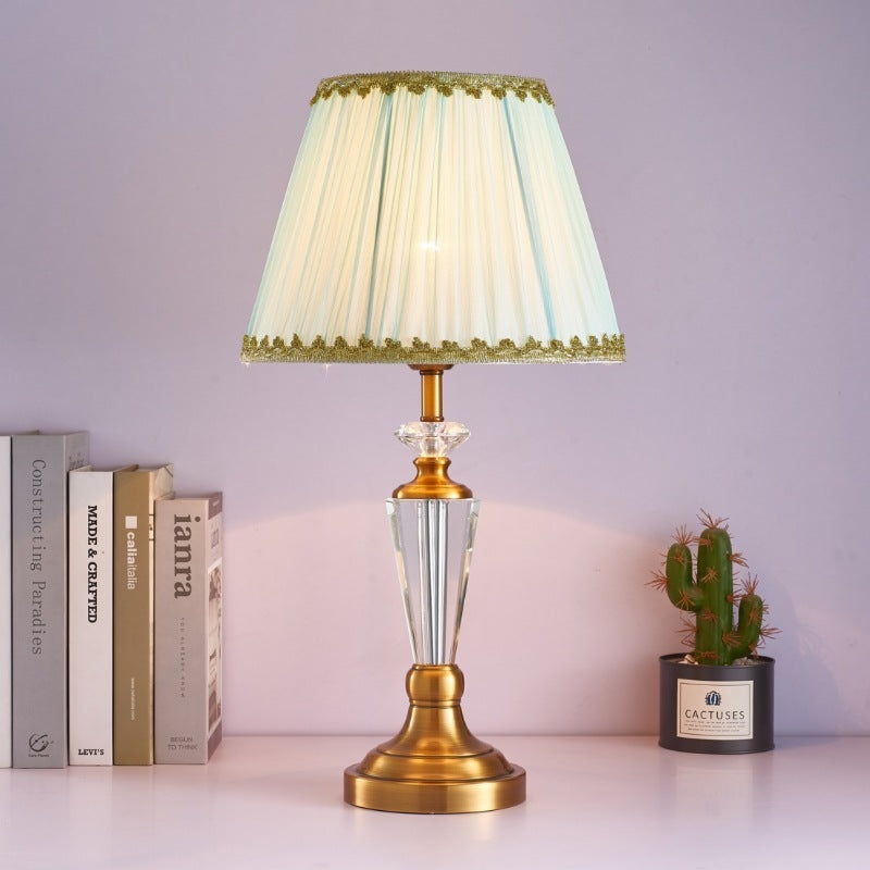 Traditional European Fabric Lampshade Crystal Copper Base 1 - Light Table Lamp For Living Room