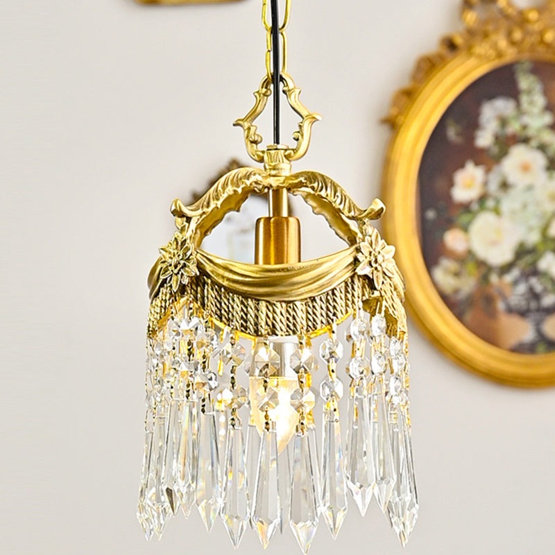 Traditional French Copper Crystal Crown Beads 1-Light Pendant Light For Bedroom